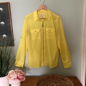 MICHAEL MICHAEL KORS Women's Yellow Full Zip Long Sleeve Collared Blouse | L